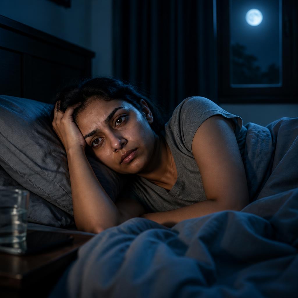 रात को नींद न आने से परेशान महिला — insomnia और मानसिक शोर का प्रतीक
